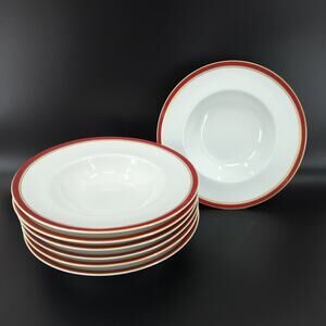Raynaud Limoges Ceralene Diplomat Rimmed Soup Bowl Red White Gold Set of 7 FLAW
